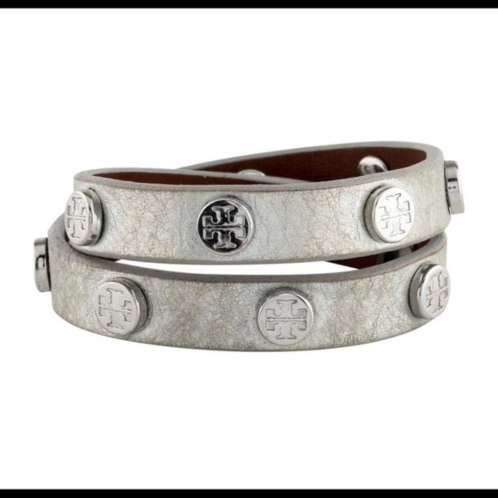 Tory Burch Silver Genuine Leather Double Wrap Logo Bracelet